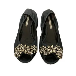 Vera Wang Navy Blue Shine Silver Rhinestone Peep Toe Ballet Flats 7.5