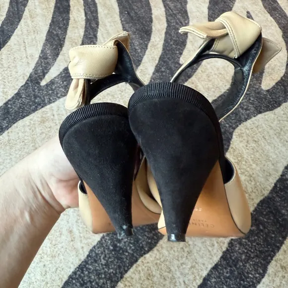 Very Rare 'Old' Celine by Phoebe Philo Nude Beige Leather Slingback Heels Sz 39