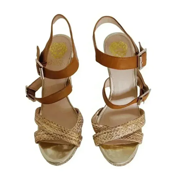 Vince Camuto Gold Snakeskin Snake Print Leather Heels Pumps Women's Size 8