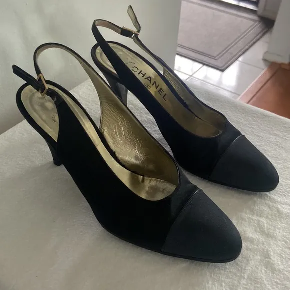 Vintage Chanel Black Satin Slingback’s