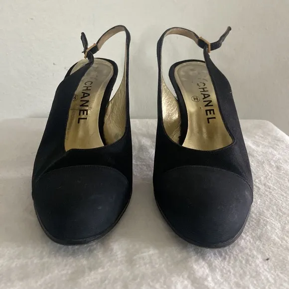 Vintage Chanel Black Satin Slingback’s