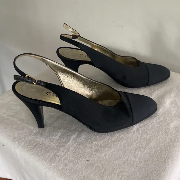 Vintage Chanel Black Satin Slingback’s