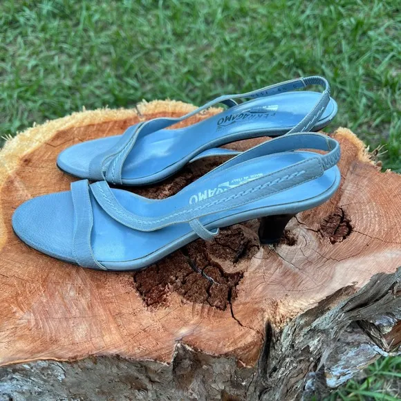 Vintage Ferragamo Slingback Heels Kitten Heel Dress Sandals Light Blue Size 6.5