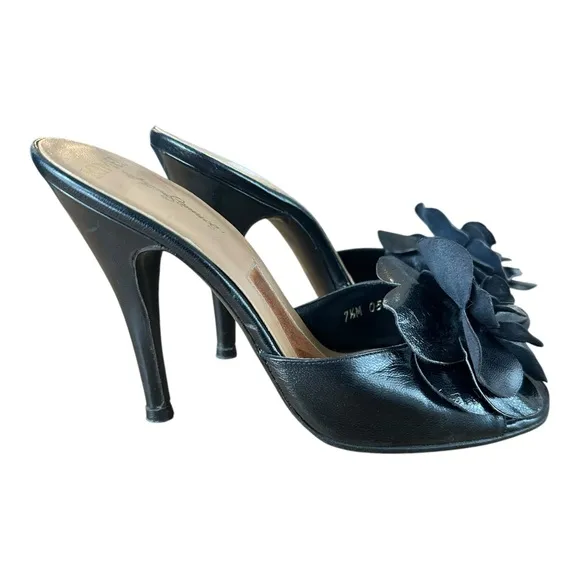 Vintage KIMEL BY BONNIE SMITH 1979 SLIDES MULES BLACK 7.5 M SHOES Floral Heels