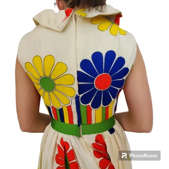 Vintage Sandine Original New York 60s Maxi Dress Empire Waist Flowers rainbow