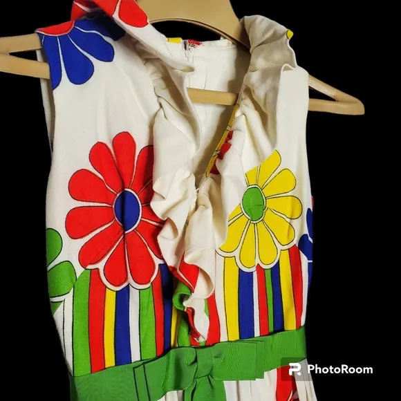 Vintage Sandine Original New York 60s Maxi Dress Empire Waist Flowers rainbow