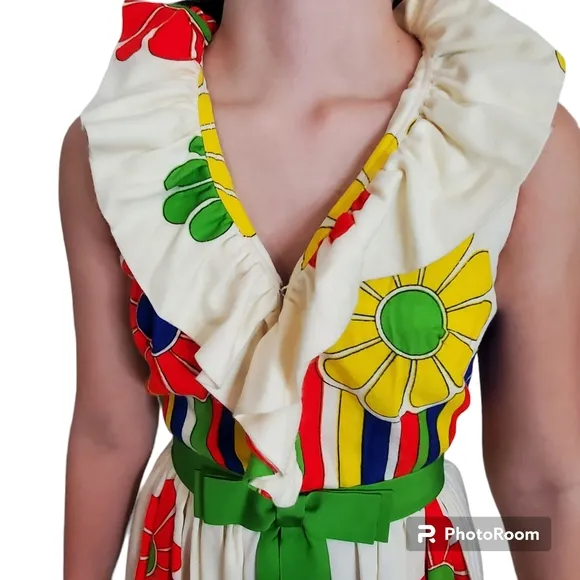 Vintage Sandine Original New York 60s Maxi Dress Empire Waist Flowers rainbow