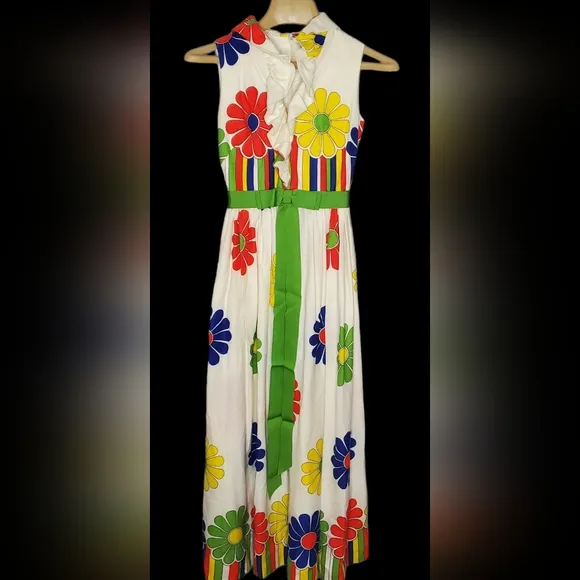 Vintage Sandine Original New York 60s Maxi Dress Empire Waist Flowers rainbow