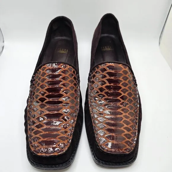 Vintage Stuart Weitzman Loafers Suede And Python Embossed Leather Brown Size 10M