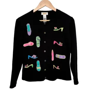 VINTAGE Talbots Petites Embroidered Shoes Heels Novelty Cardigan Sweater. Small.