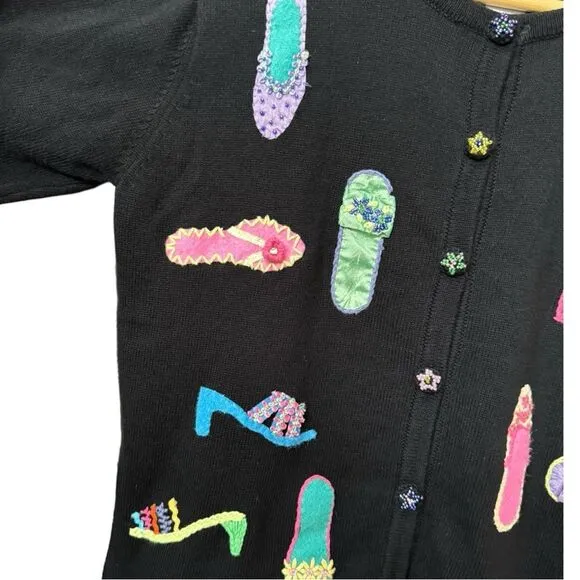 VINTAGE Talbots Petites Embroidered Shoes Heels Novelty Cardigan Sweater. Small.