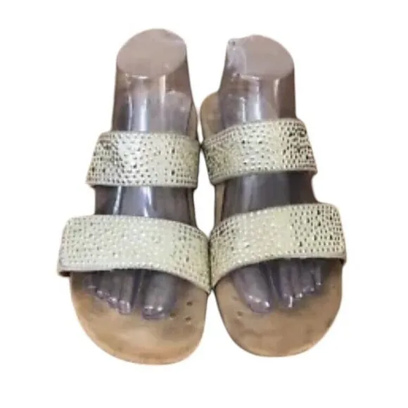 Vionic Samoa TVW4832 Slide Shoes Womens US 7 Silver Suede Studded Wedge Sandals
