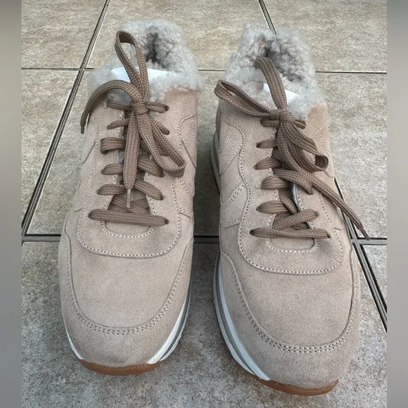VOILE BLANCHE MARAN Wool Fur Suede Sneakers in Beige