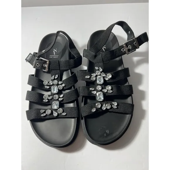 Vs Elegant Black Sandals with Crystal Embellishments