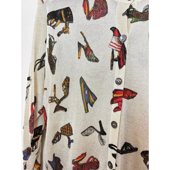 VTG 90s XXist Metallic Cardigan Sweater Women L High Heels Shoes Novelty Quirky