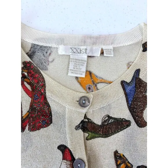 VTG 90s XXist Metallic Cardigan Sweater Women L High Heels Shoes Novelty Quirky
