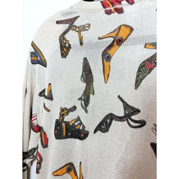 VTG 90s XXist Metallic Cardigan Sweater Women L High Heels Shoes Novelty Quirky