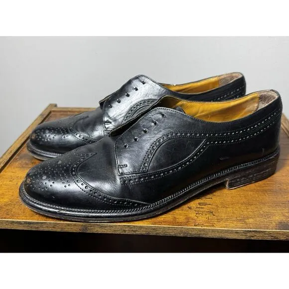 Vtg Cable &amp; Co Italy Black Leather Wingtip Brogue Dress Shoes 10.5M Handmade Men