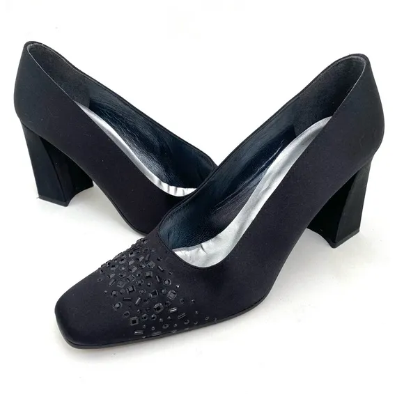 Vtg Stuart Weitzman Black Pumps Heels 7.5 AA Chunky Heels Rhinestone Square Toe