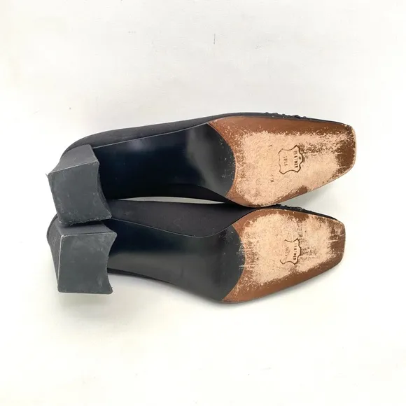 Vtg Stuart Weitzman Black Pumps Heels 7.5 AA Chunky Heels Rhinestone Square Toe