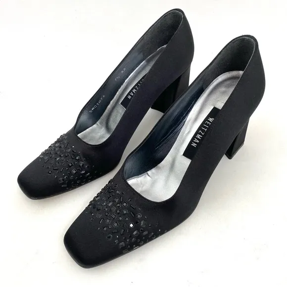 Vtg Stuart Weitzman Black Pumps Heels 7.5 AA Chunky Heels Rhinestone Square Toe