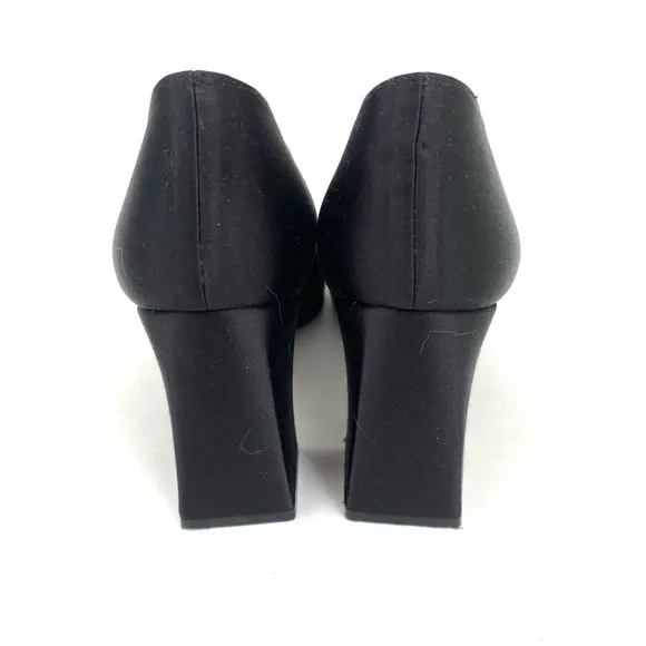Vtg Stuart Weitzman Black Pumps Heels 7.5 AA Chunky Heels Rhinestone Square Toe