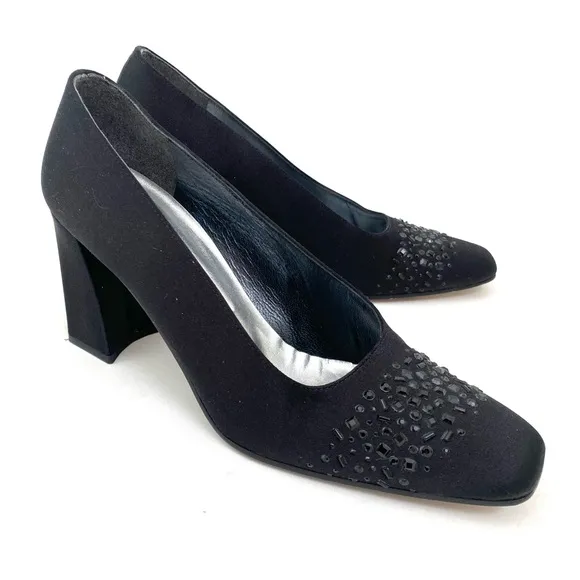 Vtg Stuart Weitzman Black Pumps Heels 7.5 AA Chunky Heels Rhinestone Square Toe