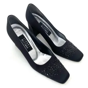 Vtg Stuart Weitzman Black Pumps Heels 7.5 AA Chunky Heels Rhinestone Square Toe
