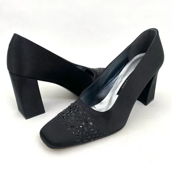Vtg Stuart Weitzman Black Pumps Heels 7.5 AA Chunky Heels Rhinestone Square Toe