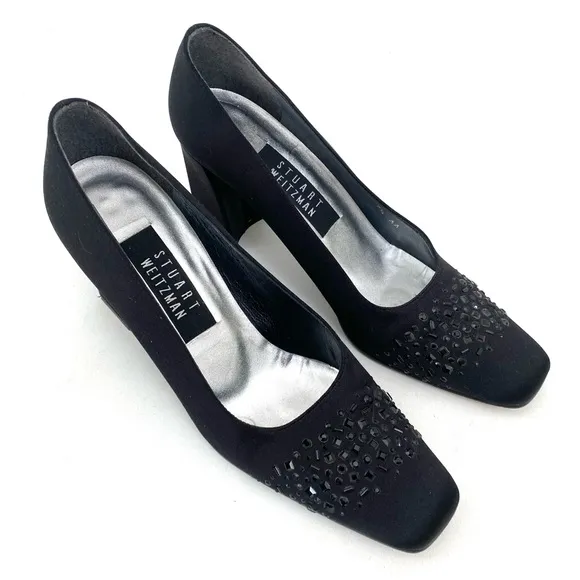 Vtg Stuart Weitzman Black Pumps Heels 7.5 AA Chunky Heels Rhinestone Square Toe