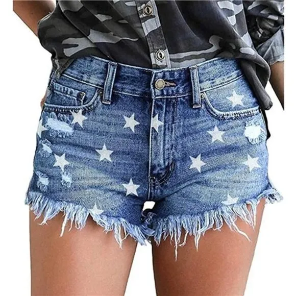 Women Denim Casual Mid Waisted Shorts with Pockets