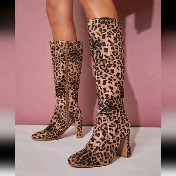 Women Trendy Square-Toe Wild Leopard Knee-High Boots–Chunk Block Heel