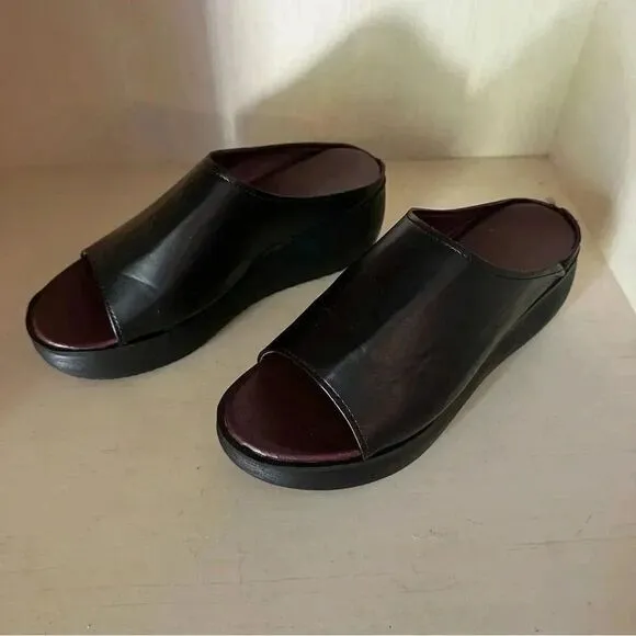Womens black leather open toe wedge slip on fall sandals size 36/6