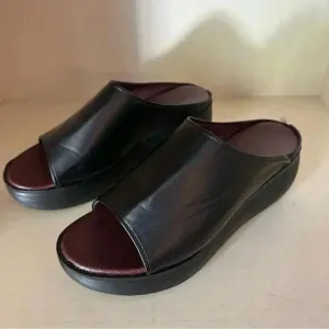 Womens black leather open toe wedge slip on fall sandals size 36/6