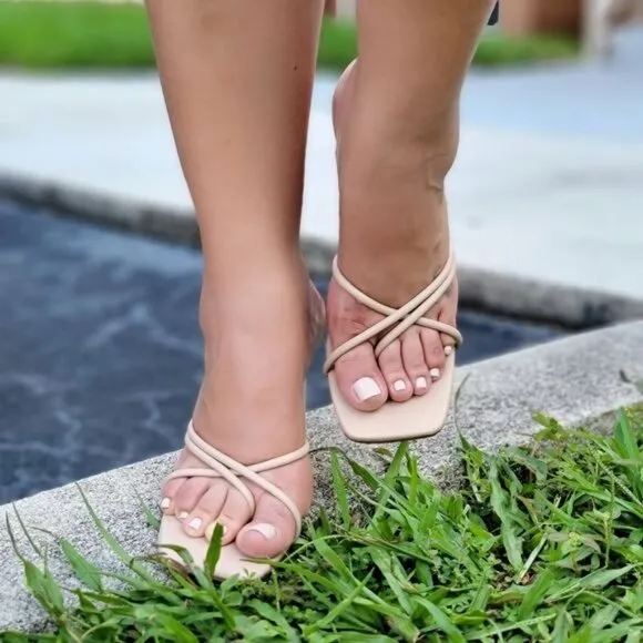 Women's Nude Square Sole Triple Strappy Chunky Heel Sandals