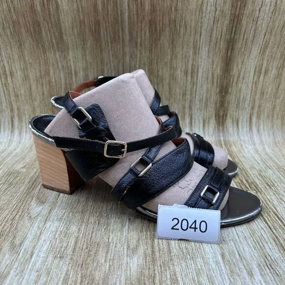 Women's Size‎ 8.5 - Lanvin Ete 2008 Black Glazed Leather Sandals Heels Shoes