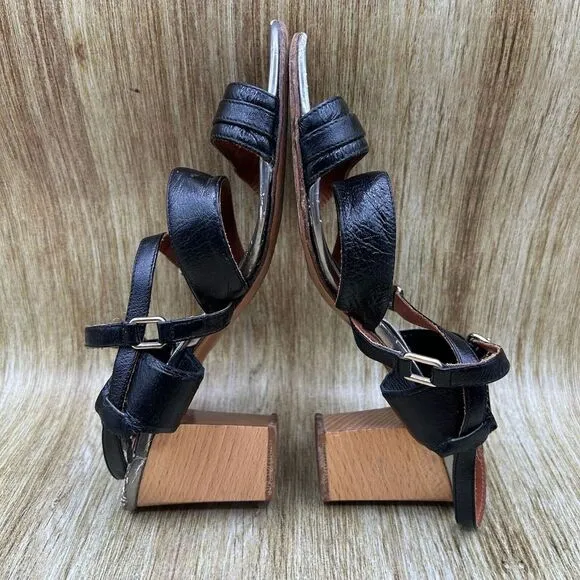 Women's Size‎ 8.5 - Lanvin Ete 2008 Black Glazed Leather Sandals Heels Shoes