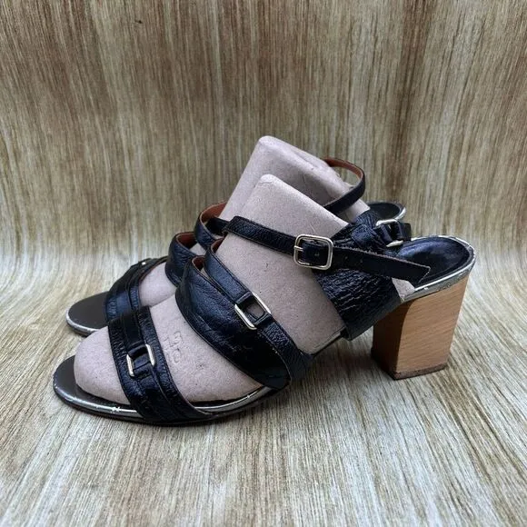 Women's Size‎ 8.5 - Lanvin Ete 2008 Black Glazed Leather Sandals Heels Shoes