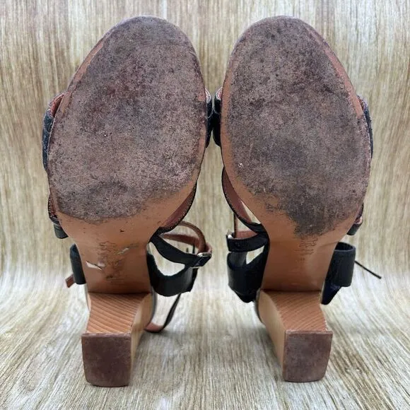 Women's Size‎ 8.5 - Lanvin Ete 2008 Black Glazed Leather Sandals Heels Shoes