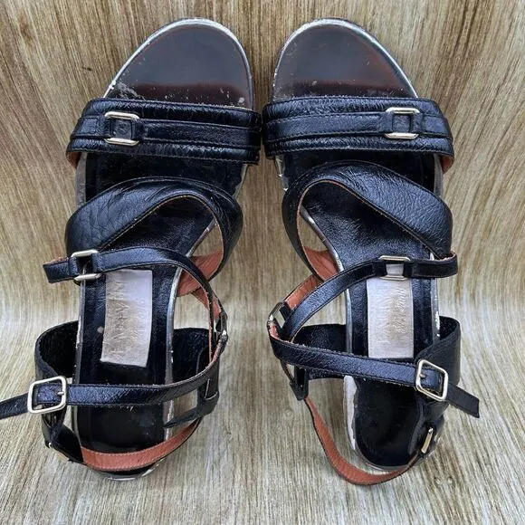 Women's Size‎ 8.5 - Lanvin Ete 2008 Black Glazed Leather Sandals Heels Shoes