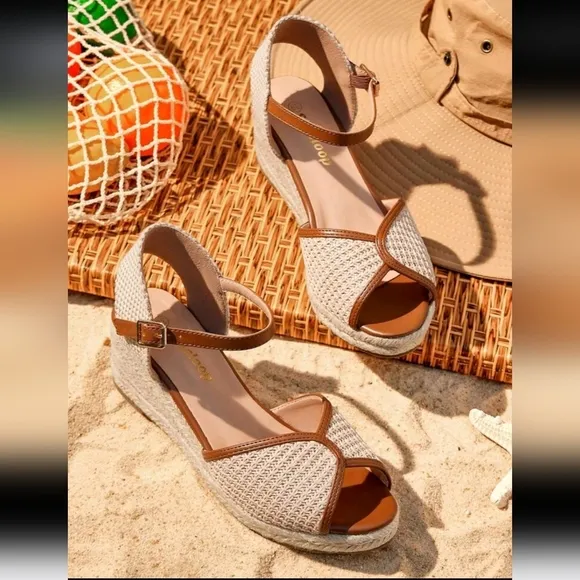 Women's Straw Wedge Heel Single Strap Sandals, Solid Color Ankle Strap