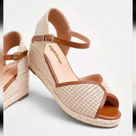 Women's Straw Wedge Heel Single Strap Sandals, Solid Color Ankle Strap