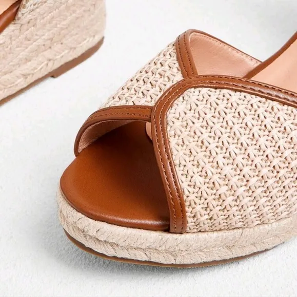 Women's Straw Wedge Heel Single Strap Sandals, Solid Color Ankle Strap