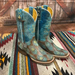 Women's Tin Haul &quot;Feather Plume&quot; Brown Wide Square Toe Boots