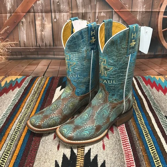 Women's Tin Haul &quot;Feather Plume&quot; Brown Wide Square Toe Boots