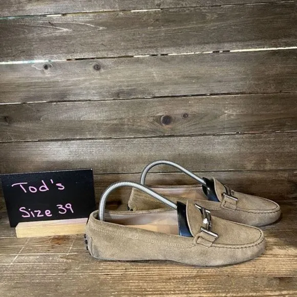 Womens Tods Taupe Suede Leather Horsebit Slip On Shoes Loafers Size EUR 39 US 9‎