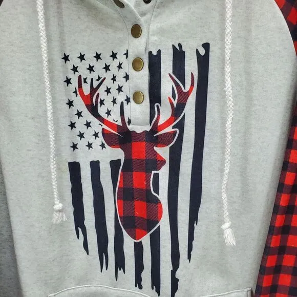 Womens XL Hooded Sweatshirt Distressed Jeans Set Red Plaid Blue Gray Flag Casual