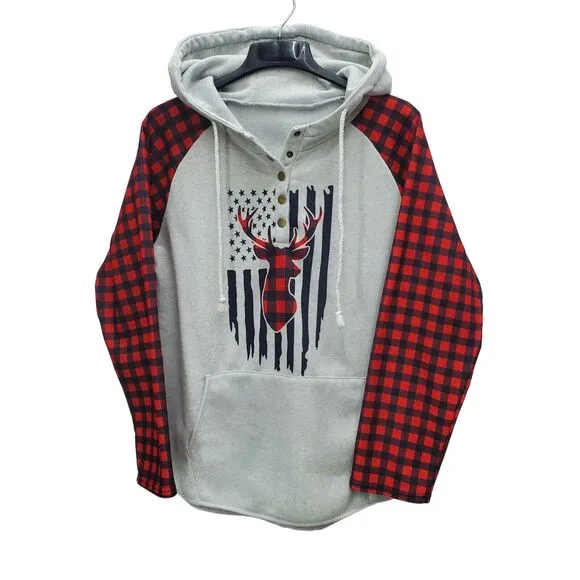 Womens XL Hooded Sweatshirt Distressed Jeans Set Red Plaid Blue Gray Flag Casual