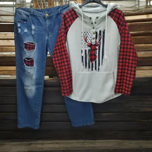 Womens XL Hooded Sweatshirt Distressed Jeans Set Red Plaid Blue Gray Flag Casual