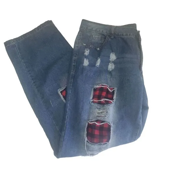 Womens XL Hooded Sweatshirt Distressed Jeans Set Red Plaid Blue Gray Flag Casual